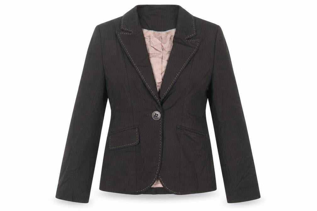 Front view of Debenhams women’s brown striped jacket blazer, size UK 10, button