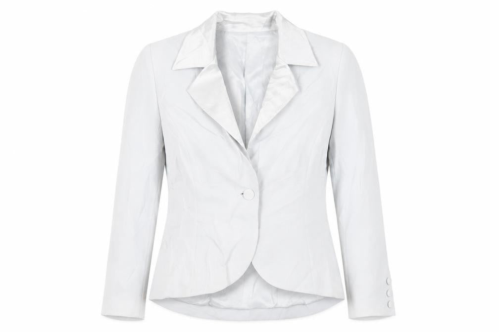 Front view of Presen De Luxe women’s blue jacket blazer, size UK 12, button