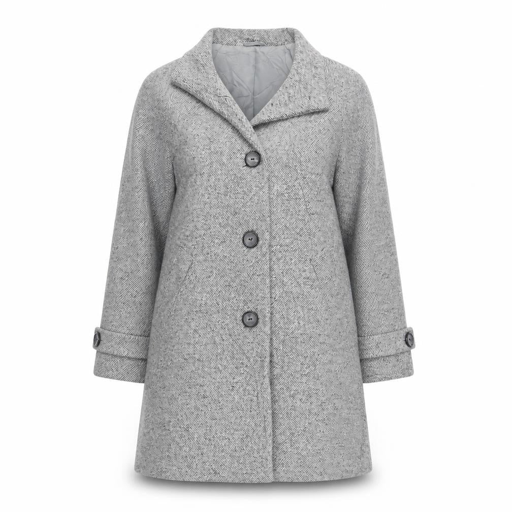 Front view of John Lewis women’s grey overcoat coat, size UK 12, button