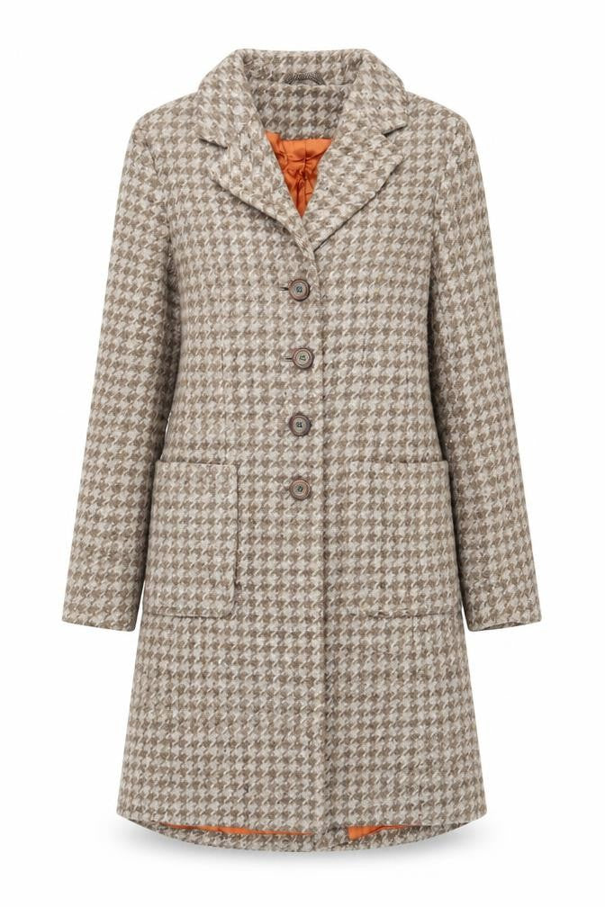 Front view of H&M women’s beige geometric overcoat coat, size UK 6, button