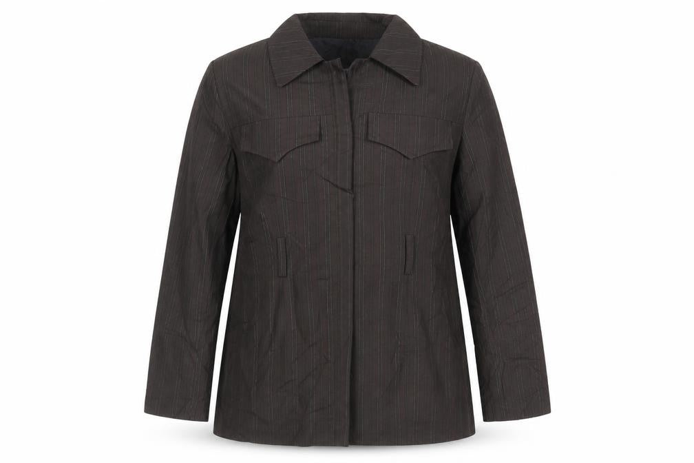 Front view of Topshop women’s brown striped jacket blazer, size UK 14, button