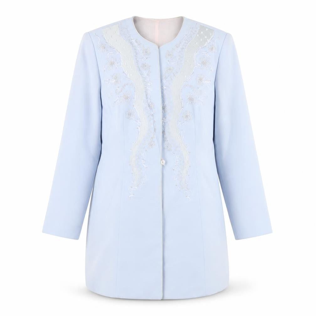 Front view of Condici women’s blue overcoat coat, size UK 16, button - embroidered