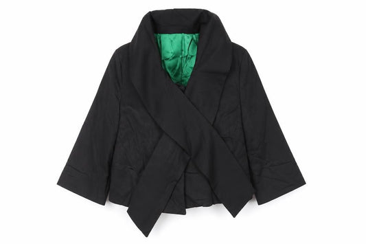 Front view of Marks & Spencer women’s black jacket blazer, size UK 12, snap - neck scarf