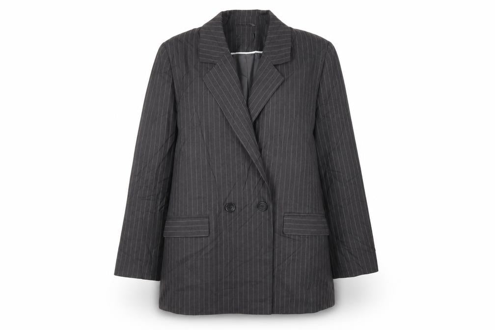 Front view of New Look women’s grey striped jacket blazer, size UK 16, button