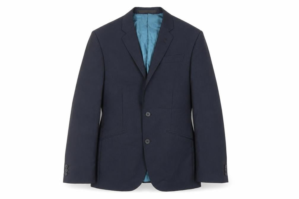 Front view of Marks & Spencer men’s blue polyester jacket suit jacket, size 36, regular