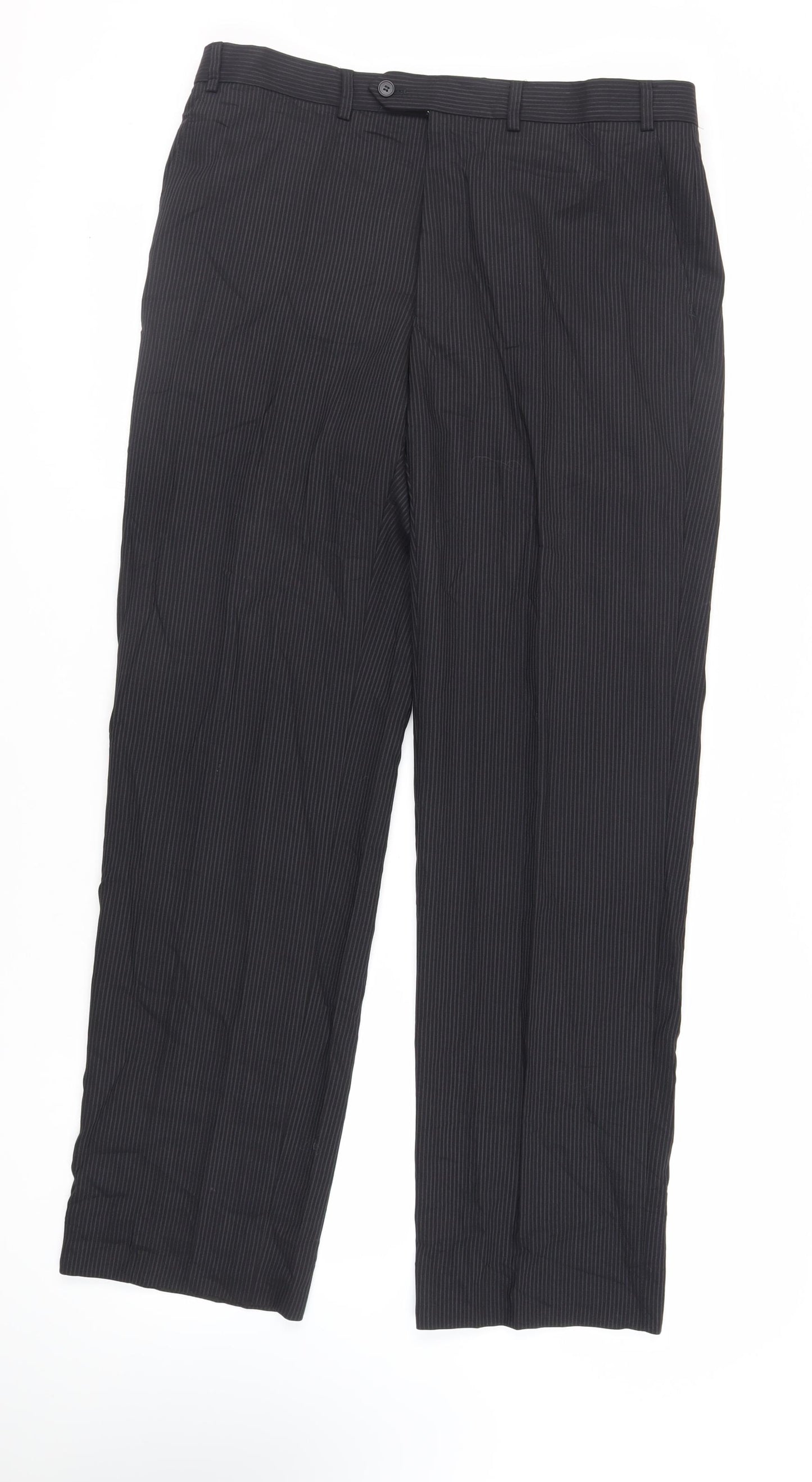 Marks and Spencer Mens Black Striped Wool Dress Pants Trousers Size 36 in L33 in Regular Zip