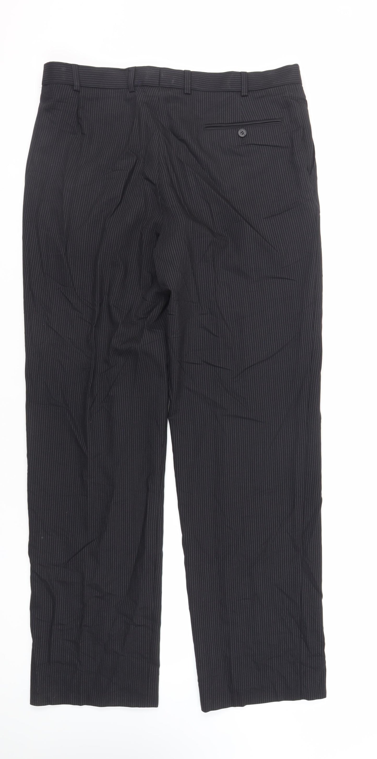 Marks and Spencer Mens Black Striped Wool Dress Pants Trousers Size 36 in L33 in Regular Zip