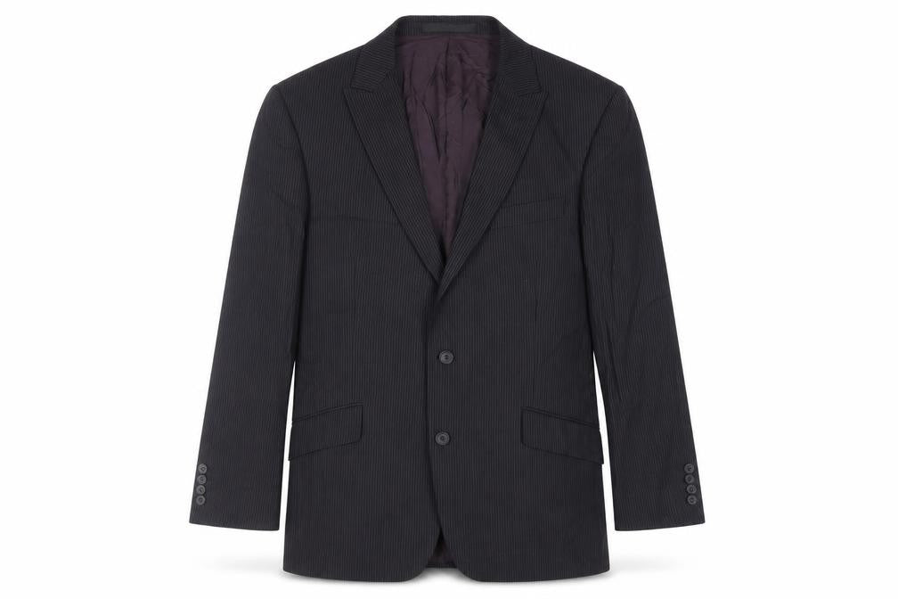 Front view of Marks & Spencer men’s black striped wool jacket suit jacket, size 42, regular