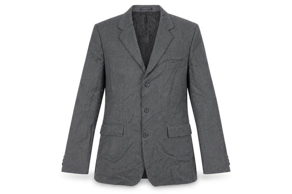 Front view of Burton men’s grey wool jacket suit jacket, size 44, regular