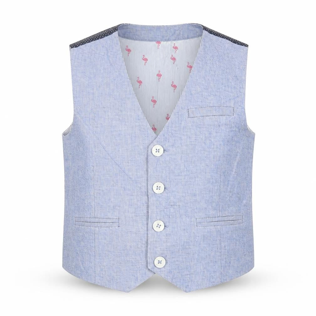 Front view of Next boys’ blue jacket waistcoat, size 5, years button