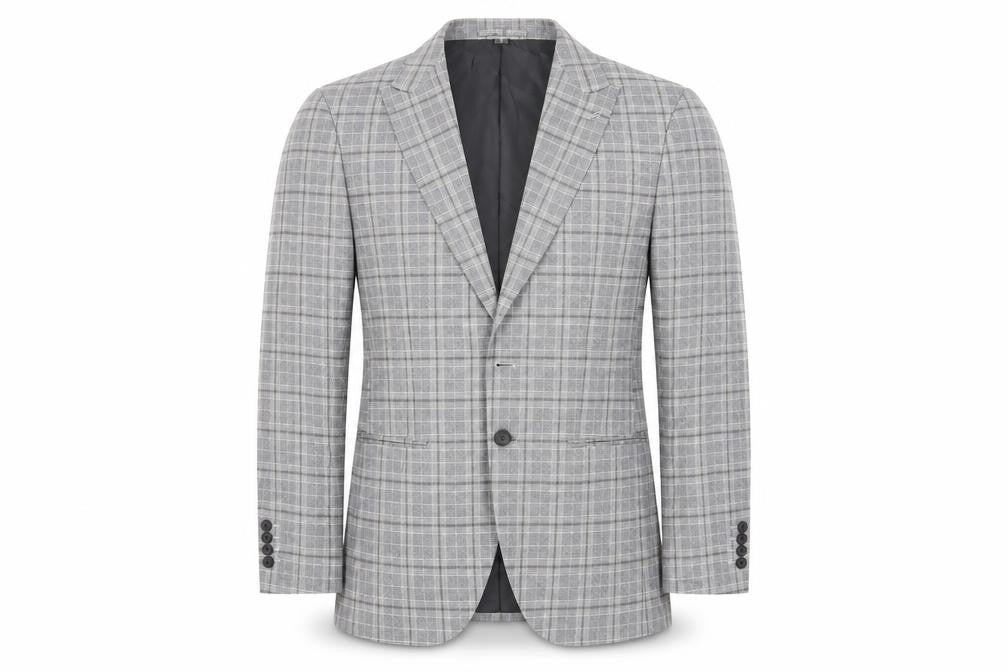 Front view of Marks & Spencer men’s grey plaid polyester jacket suit jacket, size 38, regular