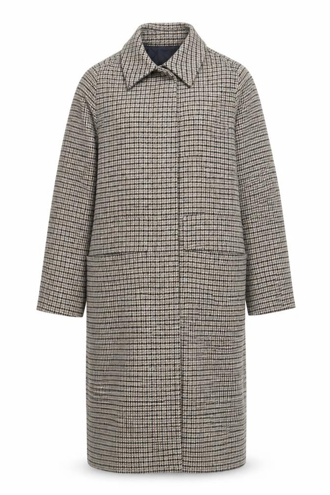 Front view of VILA women’s brown geometric overcoat coat, size UK 12, button