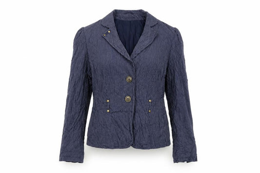 Front view of Next women’s blue striped jacket blazer, size UK 16, button