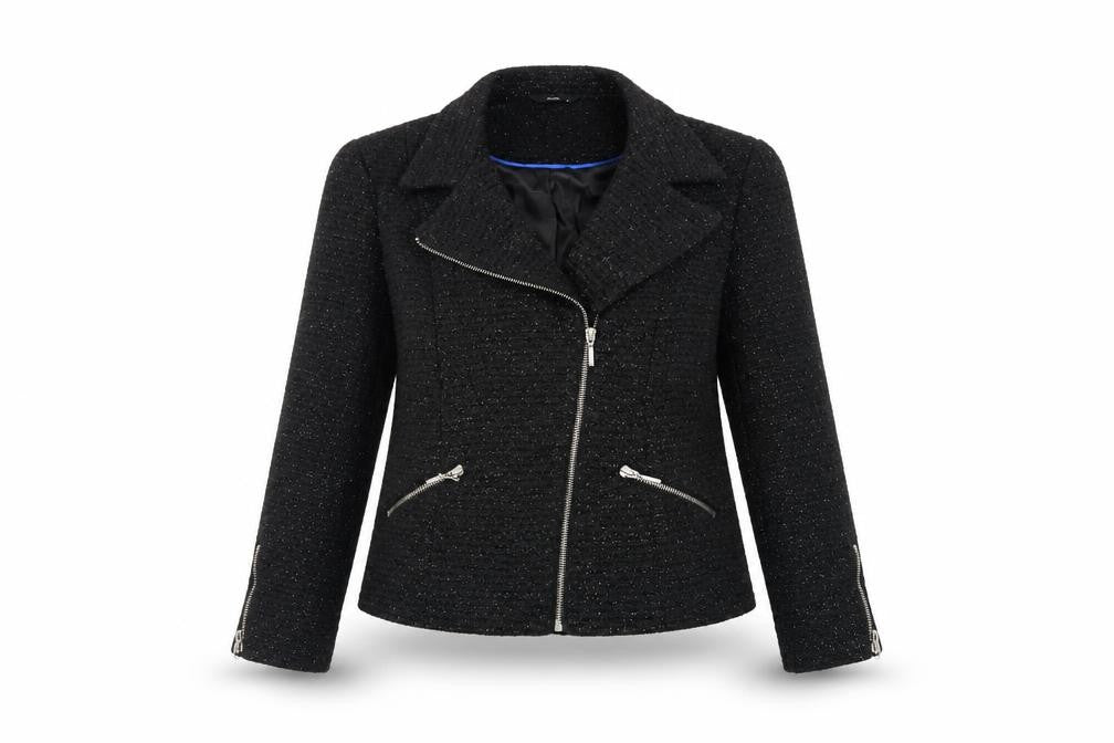 Front view of M&Co women’s black jacket blazer, size UK 10, zip - glitter
