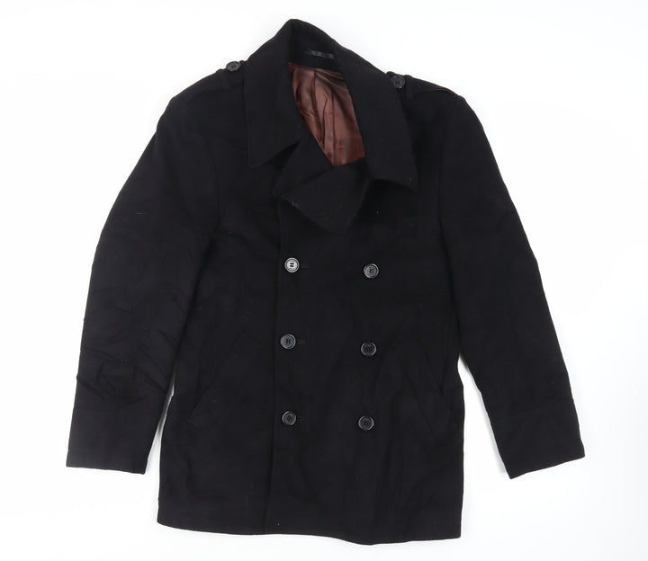 Remus Uomo Mens Black Pea Coat Coat Size M Button
