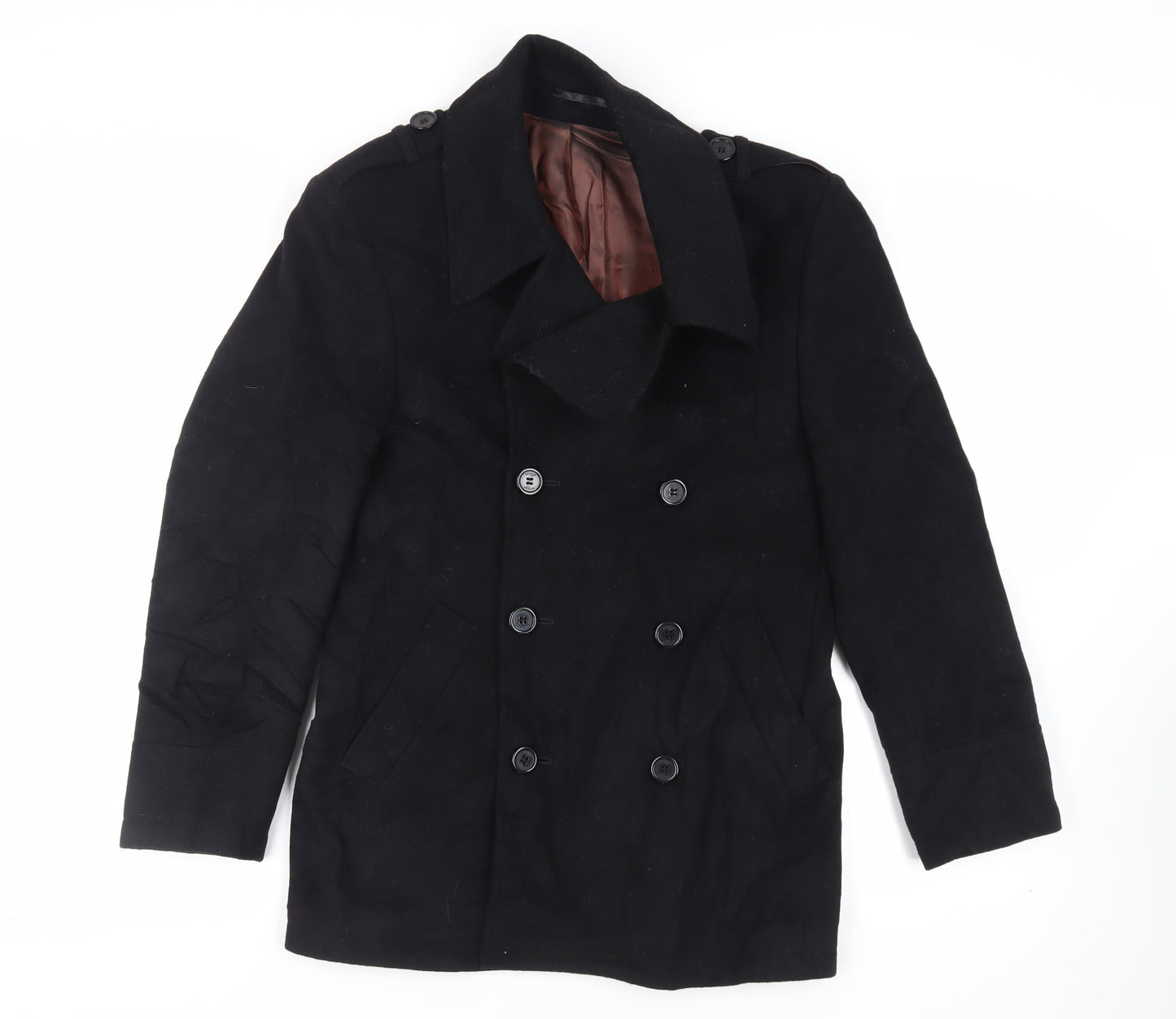 Remus Uomo Mens Black Pea Coat Coat Size M Button