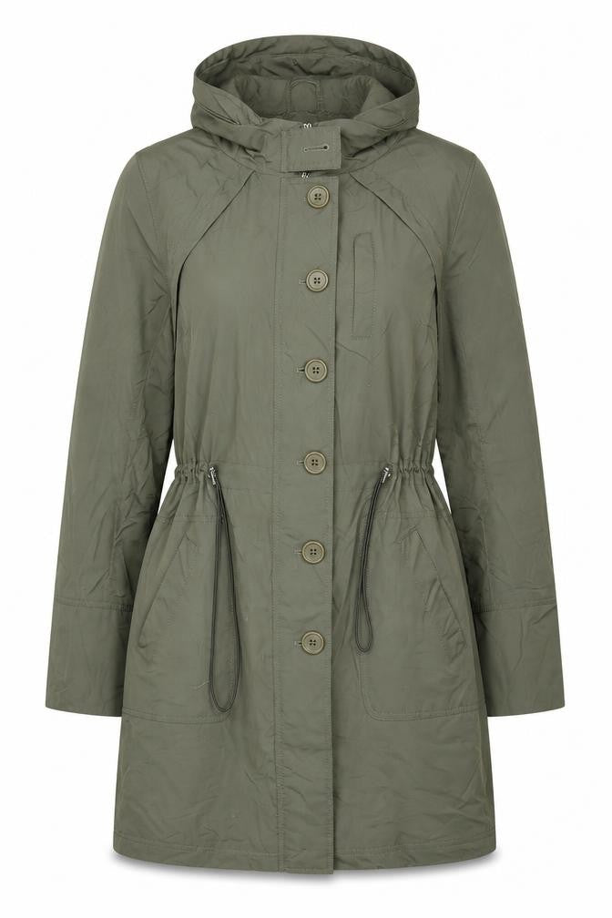 Front view of Mia Moda women’s green trench coat coat, size UK 16, zip