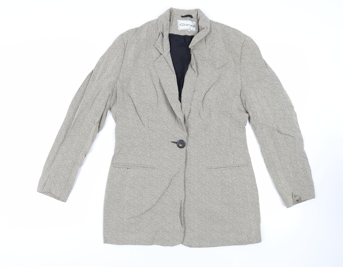 Gina Womens Beige Herringbone Jacket Blazer Size 12 Button