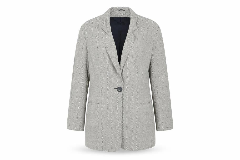 Front view of Gina women’s beige herringbone jacket blazer, size UK 12, button