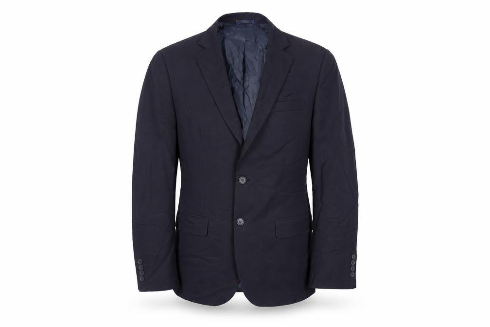 Front view of Marks & Spencer men’s blue polyester jacket suit jacket, size 38, regular