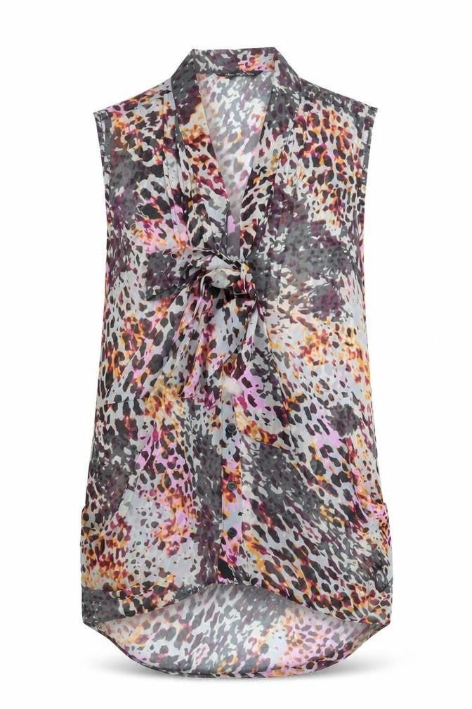 Front view of Miss Selfridge women’s multicoloured animal print polyester basic button-up, size UK 10, v-neck - sheer