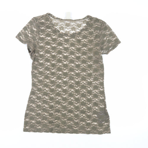 H&M Womens Green Polyester Basic T-Shirt Size M Round Neck - Sheer