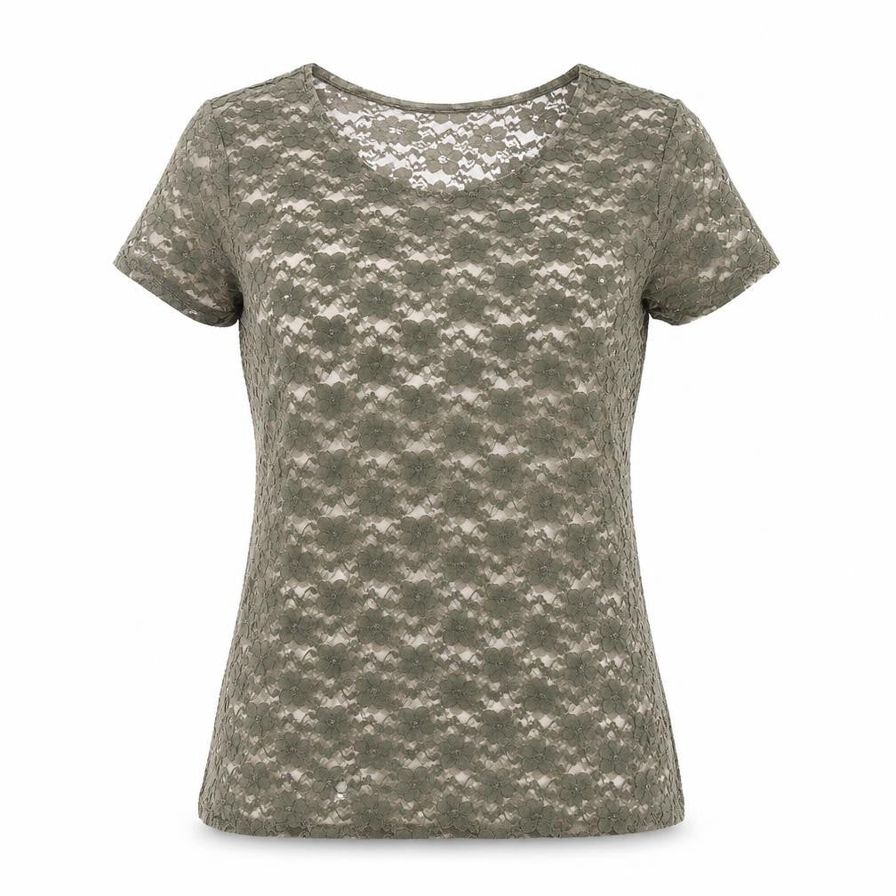 Front view of H&M women’s green polyester basic t-shirt, size M, round neck - sheer