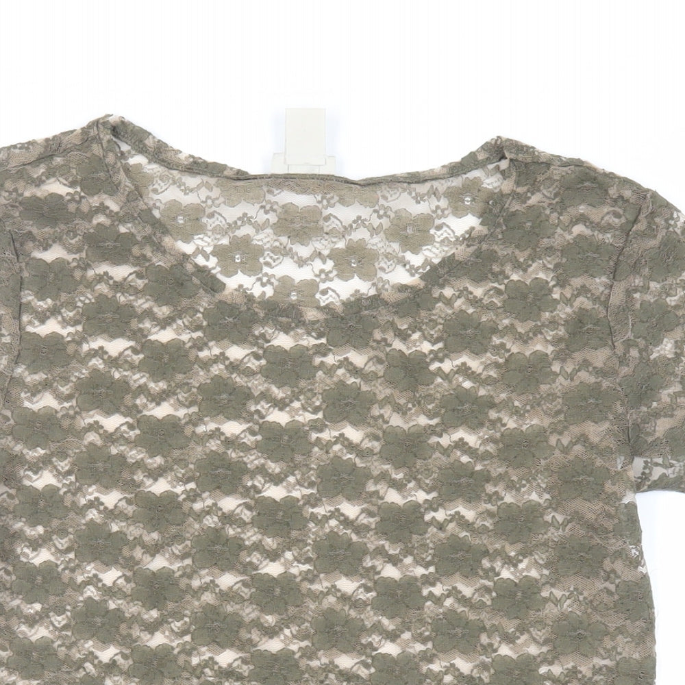 H&M Womens Green Polyester Basic T-Shirt Size M Round Neck - Sheer