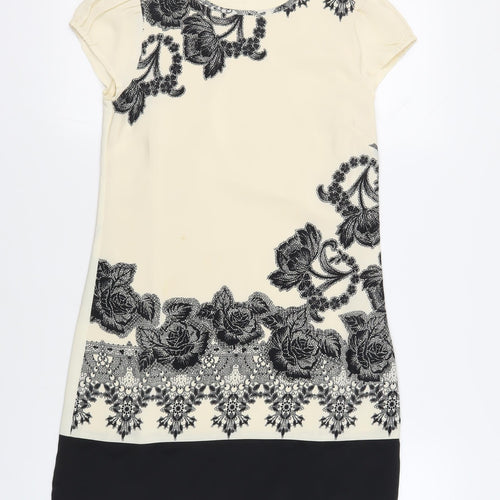 Miss Selfridge Womens Ivory Floral Polyester Shift Size 6 Round Neck Zip