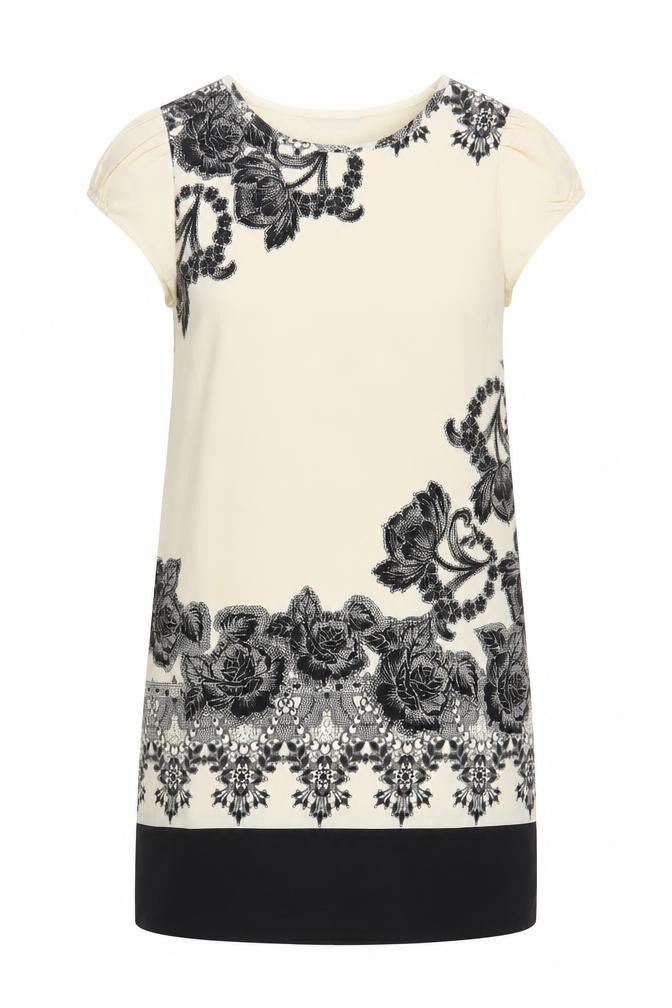 Front view of Miss Selfridge women’s ivory floral polyester shift, size UK 6, round neck zip