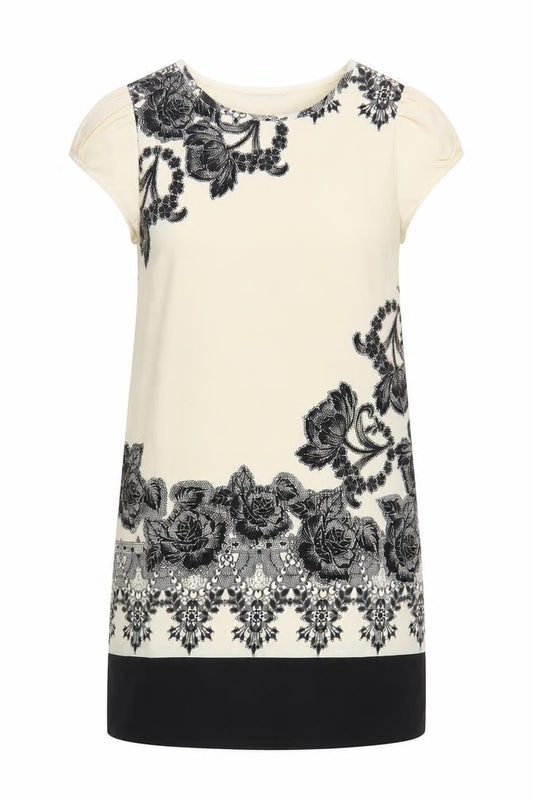 Front view of Miss Selfridge women’s ivory floral polyester shift, size UK 6, round neck zip