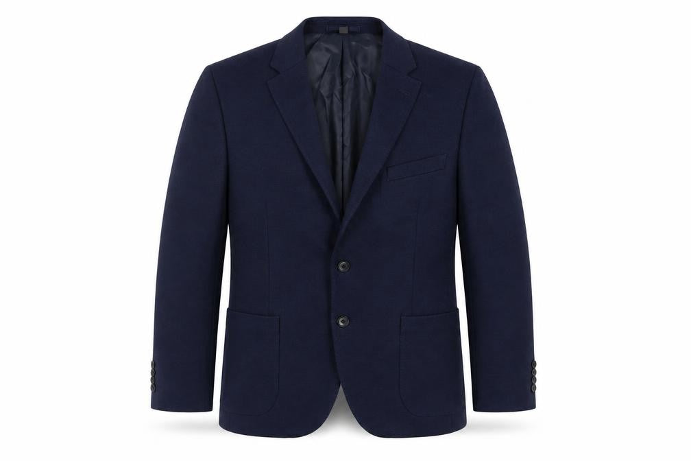Front view of Marks & Spencer men’s blue polyester jacket blazer, size 42, regular