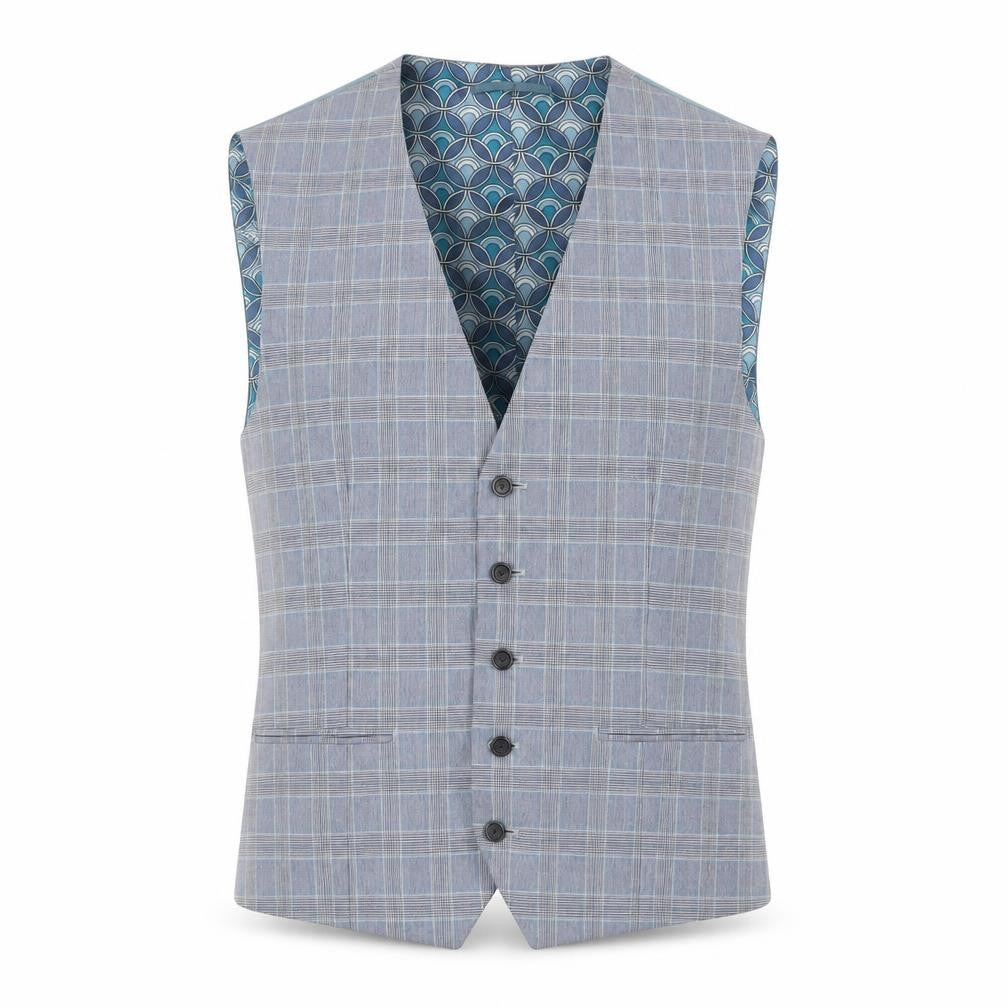 Front view of Next men’s blue plaid polyester jacket suit waistcoat, size 42, regular