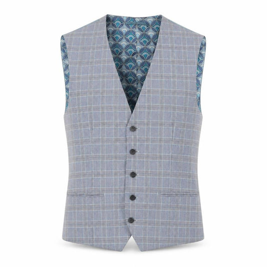 Front view of Next men’s blue plaid polyester jacket suit waistcoat, size 42, regular