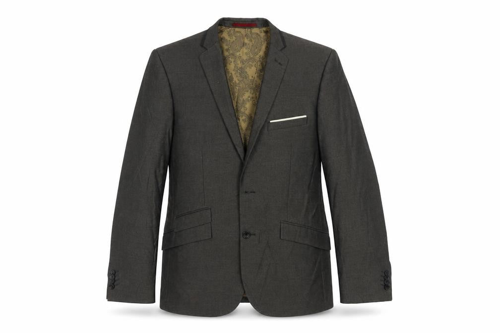 Front view of Burton men’s grey polyester jacket suit jacket, size 40, regular