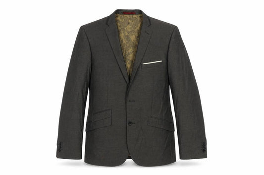 Front view of Burton men’s grey polyester jacket suit jacket, size 40, regular
