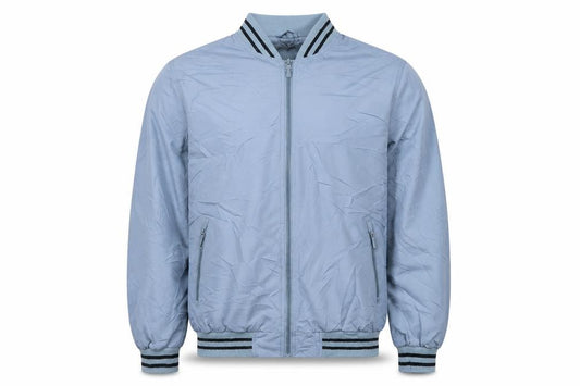 Front view of Woodville men’s blue bomber jacket jacket, size S, zip