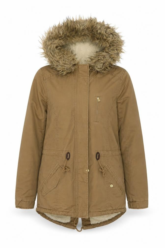 Front view of Divided by H&M women’s brown parka jacket, size UK 8, zip