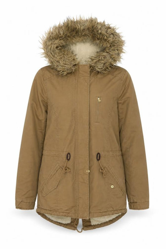 Front view of Divided by H&M women’s brown parka jacket, size UK 8, zip