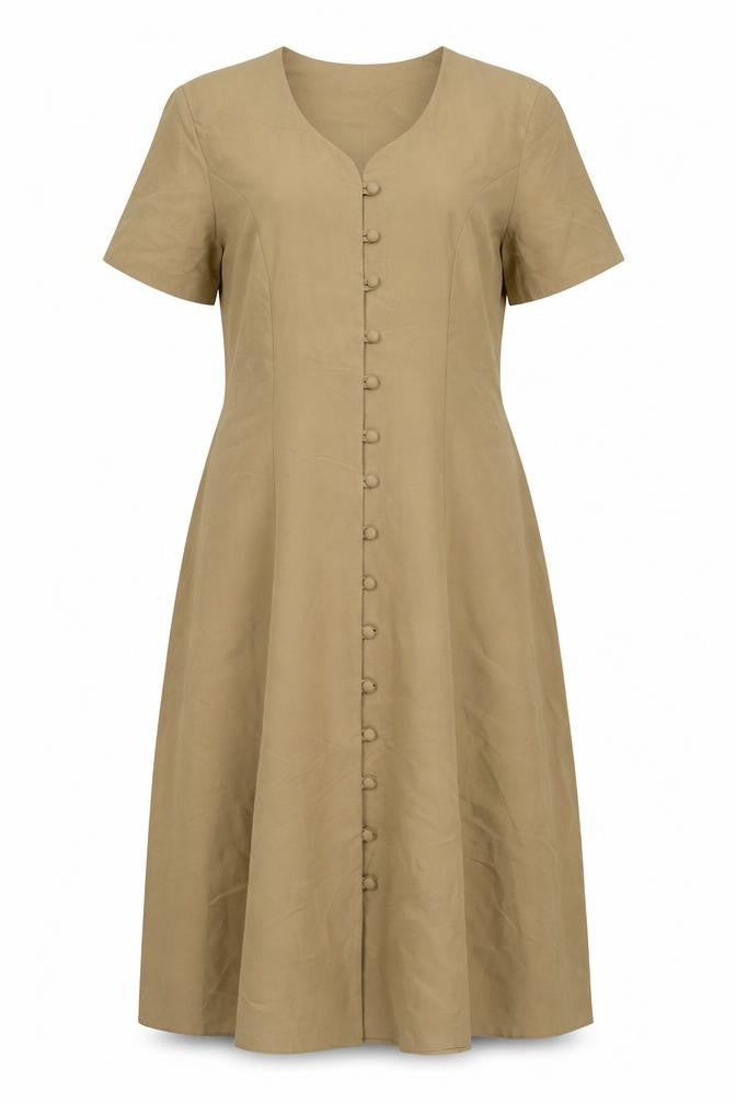 Front view of Lauren Duvar women’s brown viscose maxi, size UK 18, round neck button