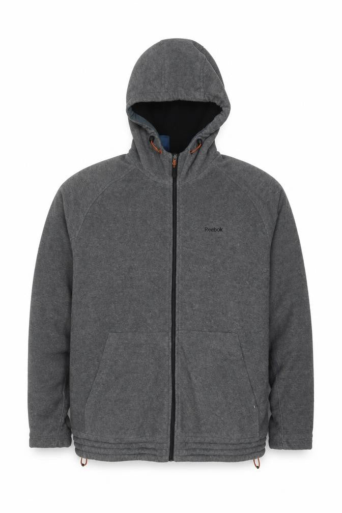 Front view of Reebok men’s grey jacket, size M, zip