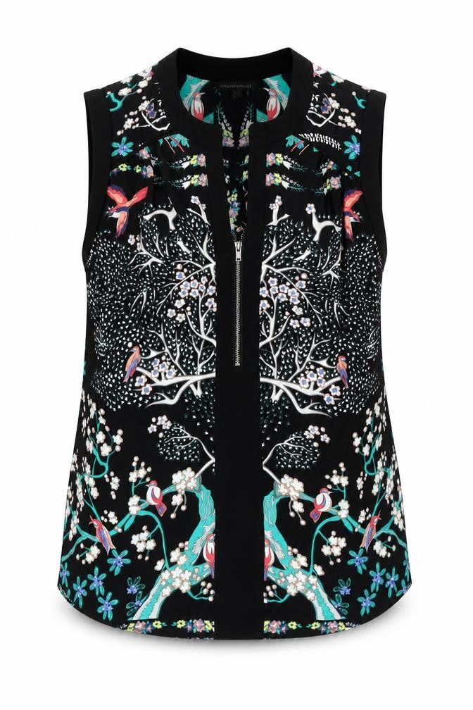 Front view of Warehouse women’s black fair isle polyester basic blouse, size UK 10, v-neck
