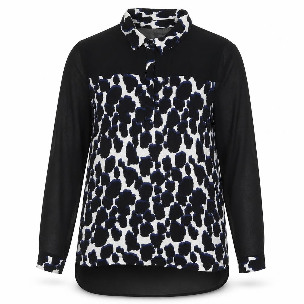 Front view of Next women’s black animal print viscose basic blouse, size M, collared