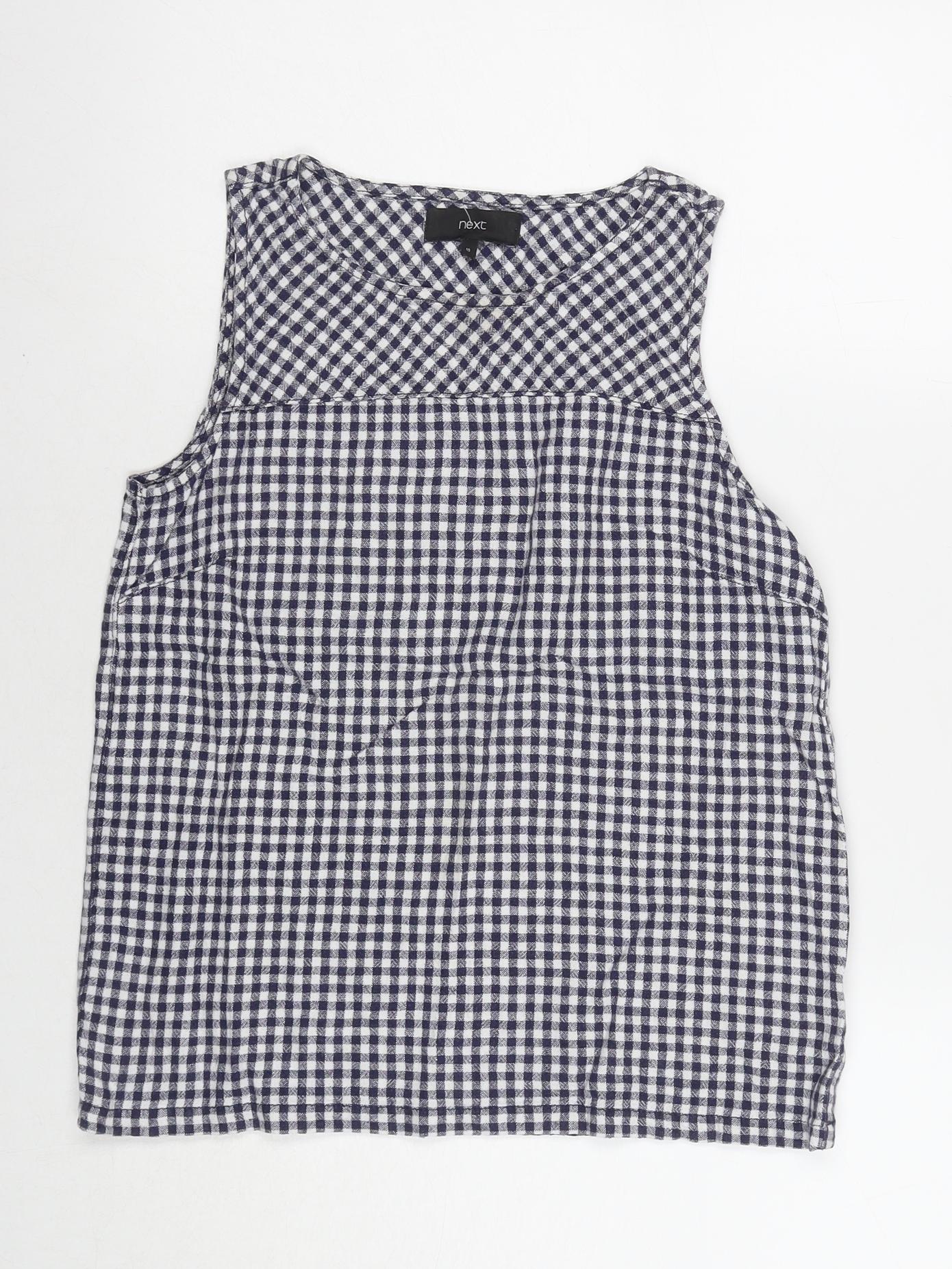 NEXT Womens Blue Check Linen Basic Tank Size 10 Round Neck