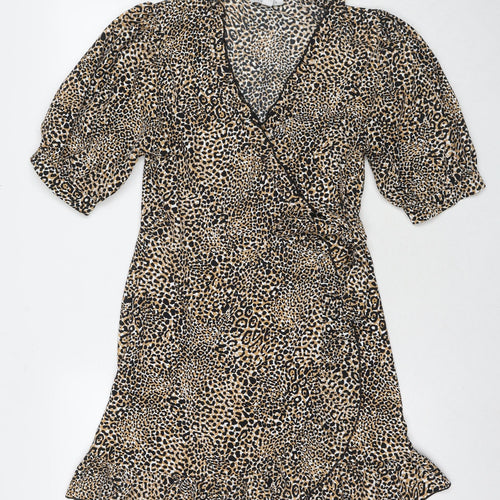Topshop Womens Brown Animal Print Polyester Wrap Dress Size 12 V-Neck Tie