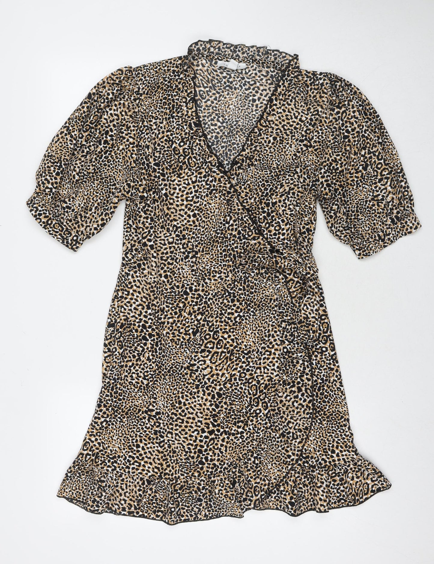 Topshop Womens Brown Animal Print Polyester Wrap Dress Size 12 V-Neck Tie