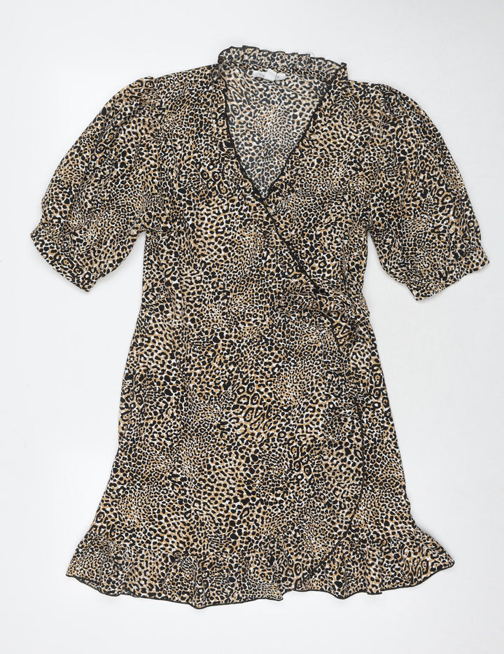 Topshop Womens Brown Animal Print Polyester Wrap Dress Size 12 V-Neck Tie