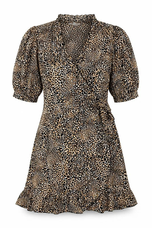 Front view of Topshop women’s brown animal print polyester wrap dress, size UK 12, v-neck tie