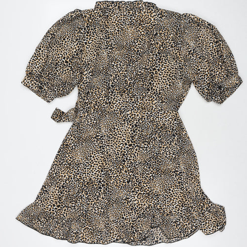 Topshop Womens Brown Animal Print Polyester Wrap Dress Size 12 V-Neck Tie