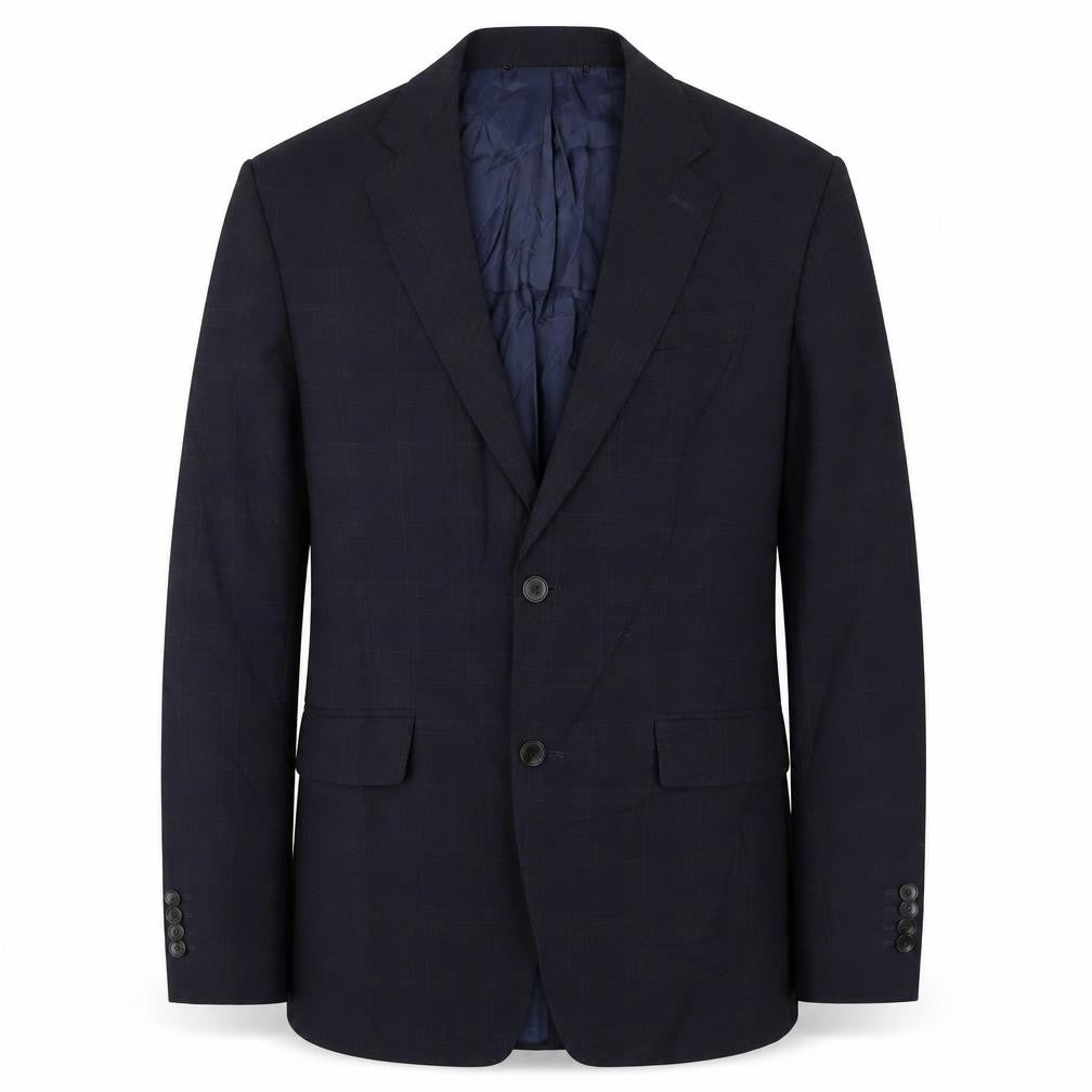 Front view of Zara men’s blue check polyester jacket suit jacket, size 40, regular